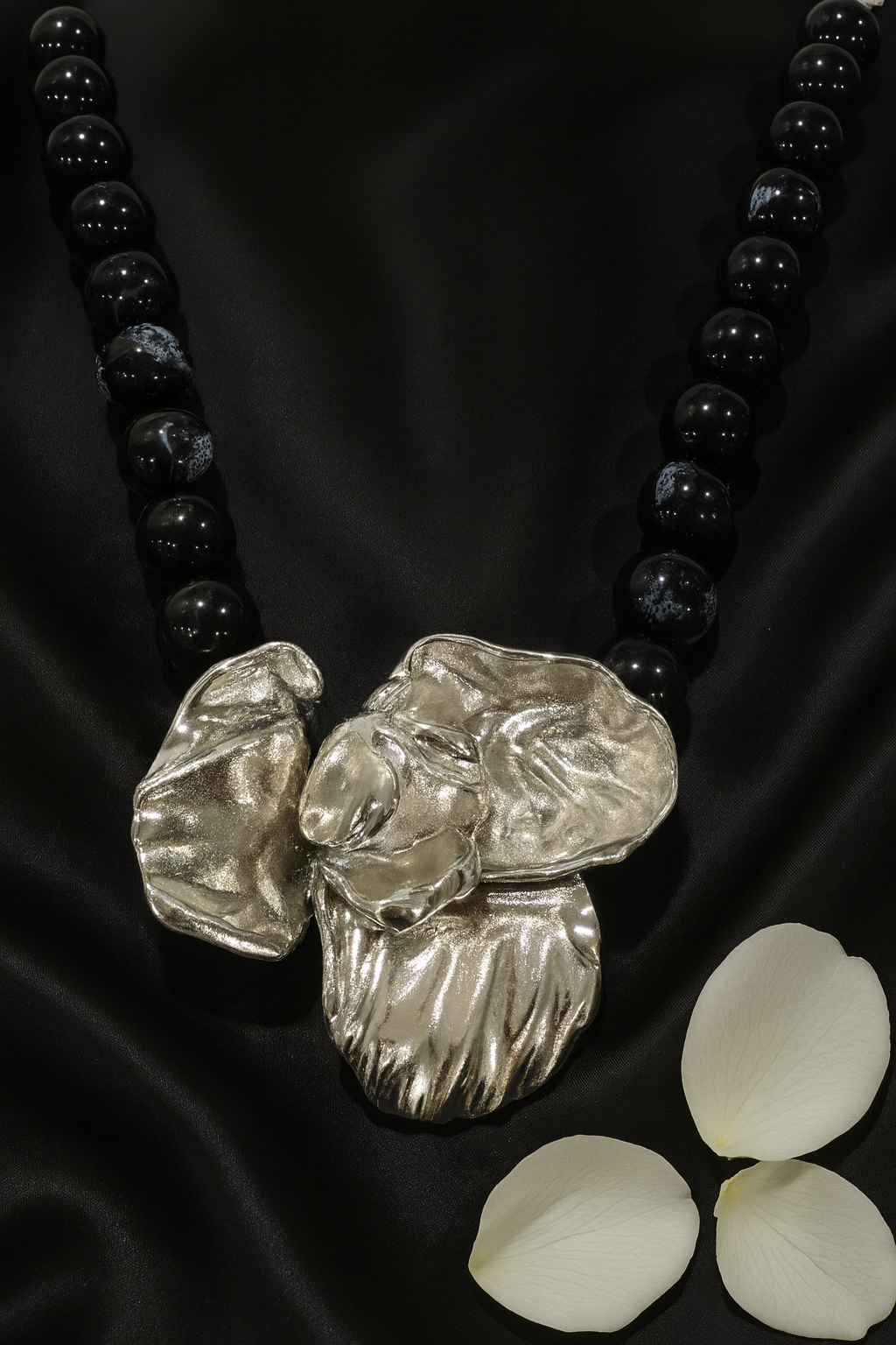 Silver Bloom on Black Necklace