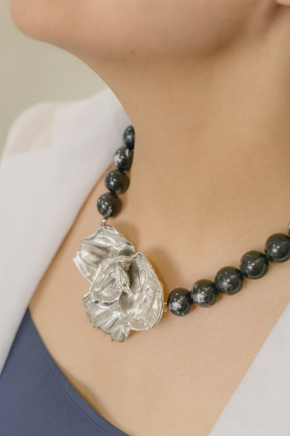 Silver Bloom on Black Necklace