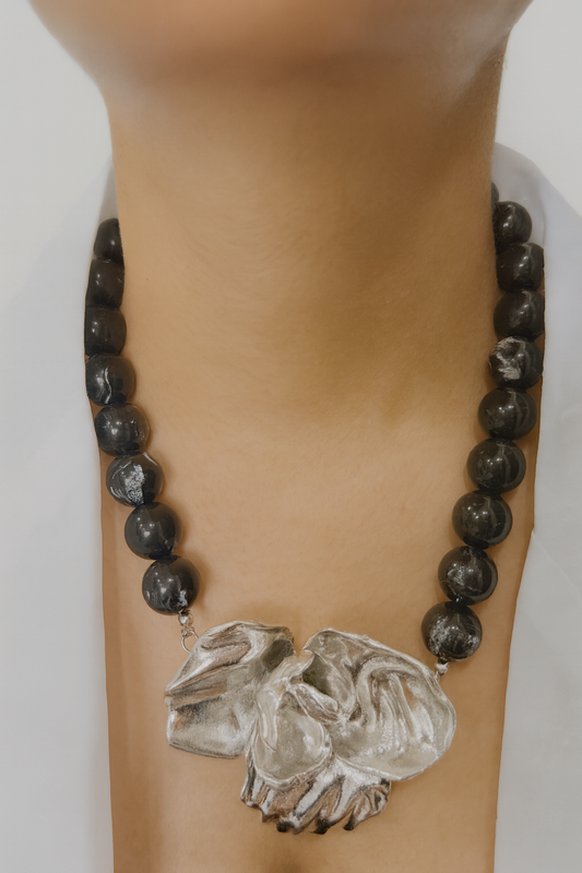 Silver Bloom on Black Necklace